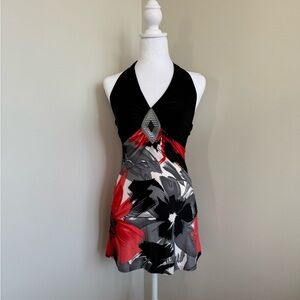 Black Halter Floral Mini Dress with Red & Gray Print